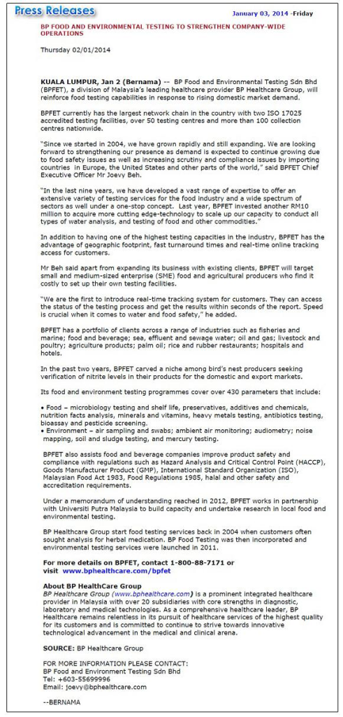 Write Up In Bernama For BPFT Strengthen Wide Operation