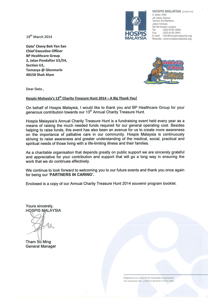 BP Healthcare Group Giving Support to Hospis Malaysia 13th Annual Charity Treasure Hunt