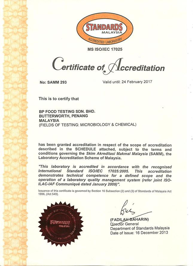 MS ISO/IEC 17025 Accreditation by BP Food Testing Sdn. Bhd