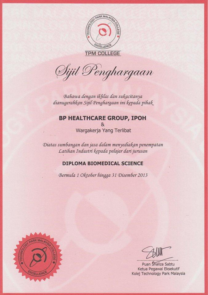 BP Healthcare Group Giving Support In The Industrial Training Program For Technology Park Malaysia (TPM) College