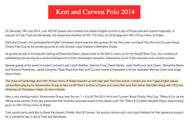 Write Up in TUSK for BP Polo’s Participation in Kent and Curwen Royal Charity Polo Game