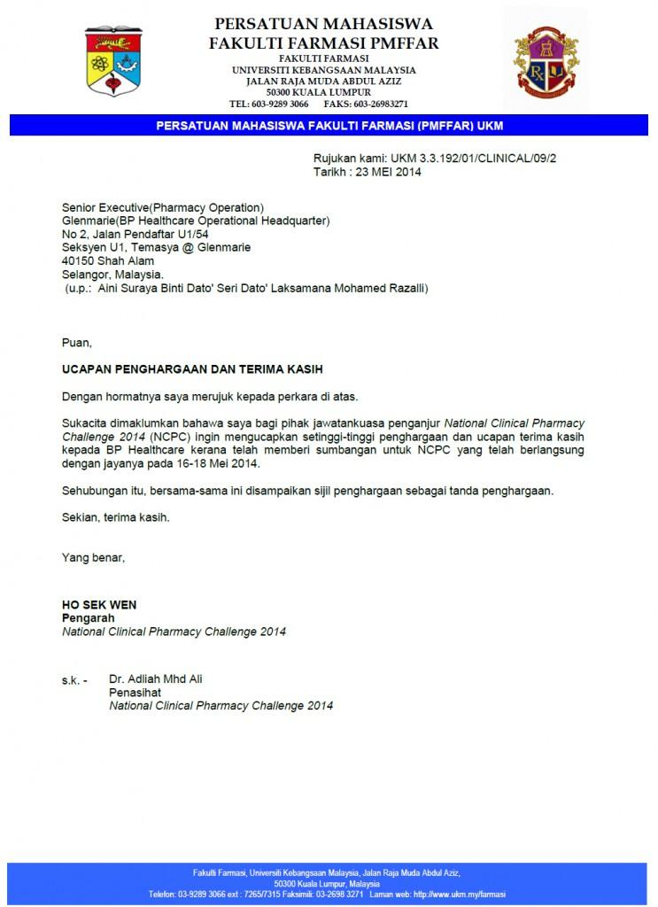 Appreciation Letter from Faculty of Pharmacy UKM