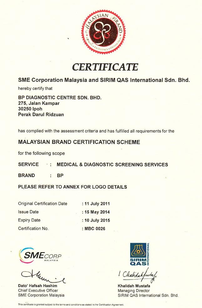 Malaysian Brand Certification by BP Diagnostic Centre