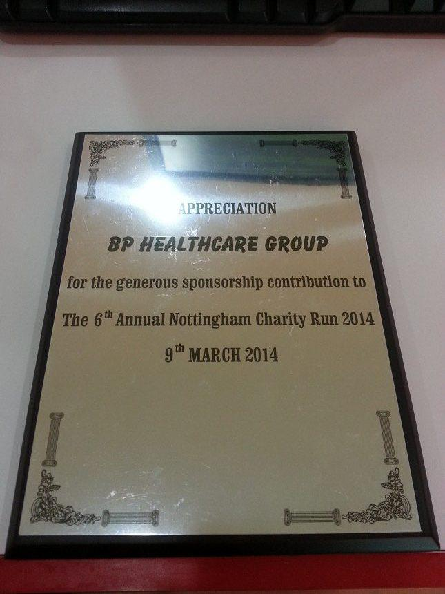 ACE Society Has Thanked BP Healthcare Group For Giving Support To Their 6th Annual Nottingham Charity Run