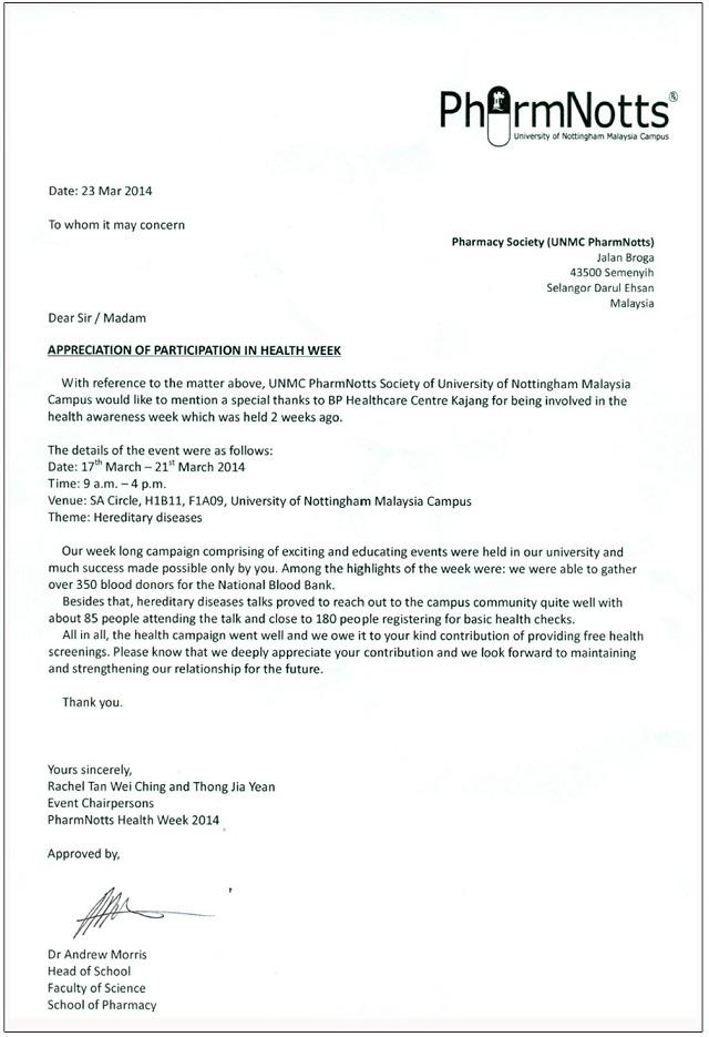 Appreciation Letter From University Of Nottingham