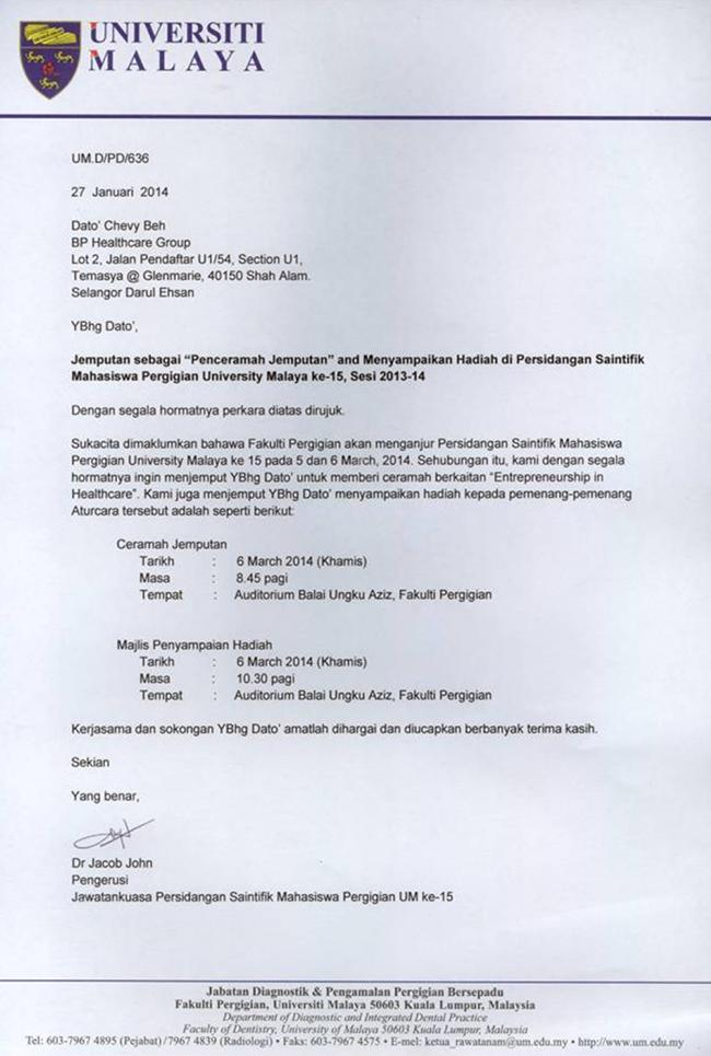 Invitation As Speaker At University Malaya Dental Faculty