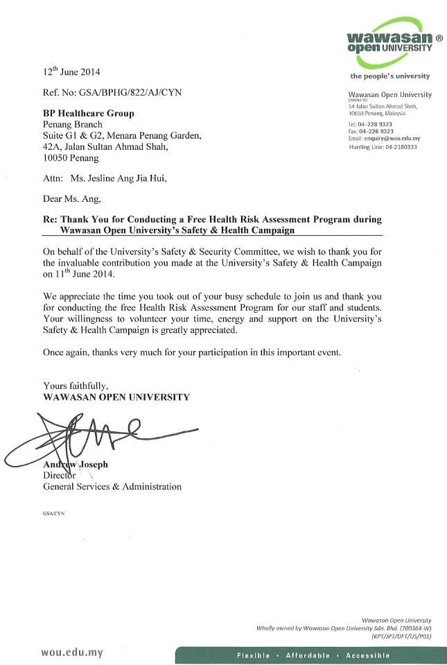 Appreciation Letter from Wawasan Open University (WOU)